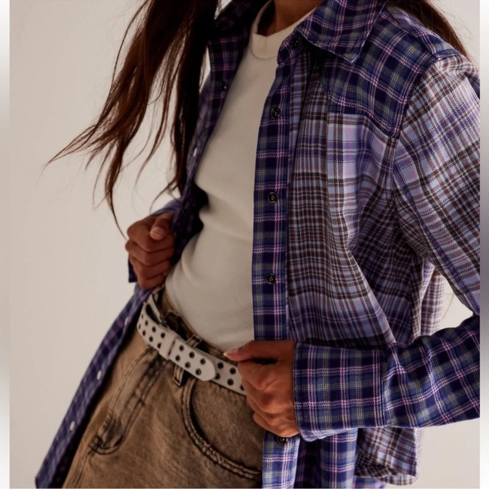 Free People We the Free Layer it Up Plaid Flannel Snap Down Top in Blue Combo